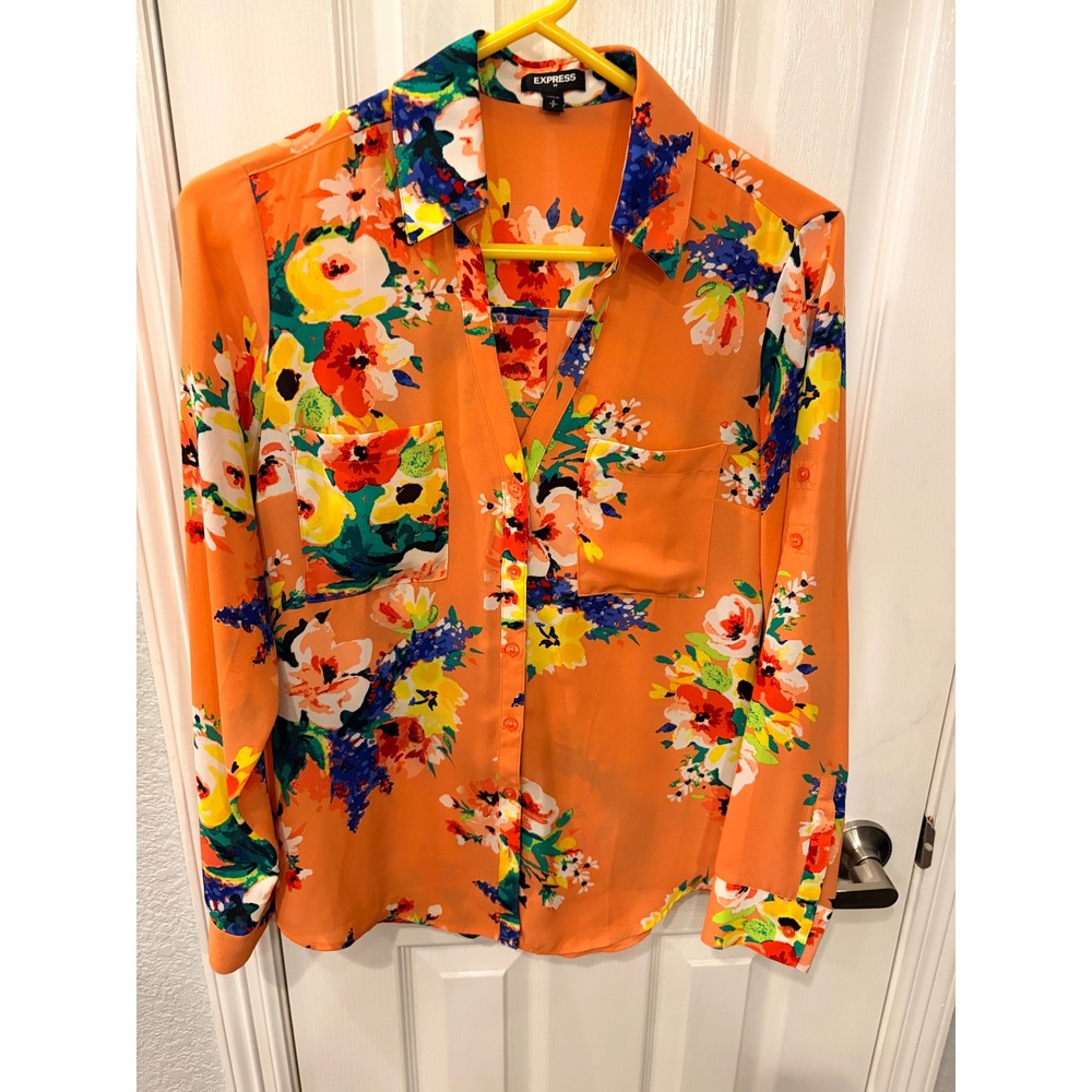 Express Blouse Orange Floral Long Sleeve Roll Tab Button Up Top Pocketed